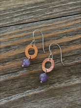 Load image into Gallery viewer, Hammered Copper Amethyst Drop Earrings