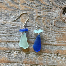 Load image into Gallery viewer, Cobalt Blue and Aqua Blue Genuine Sea Glass Earrings