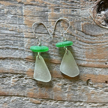 Load image into Gallery viewer, Green and White Genuine Sea Glass Earrings