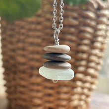 Load image into Gallery viewer, Stacked Natural Beach Stone and Sea Glass Cairn Necklace