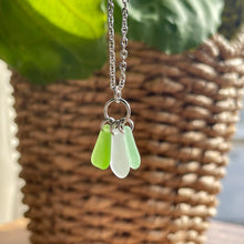 Load image into Gallery viewer, Pretty White, Lime Green and Aqua Genuine Sea Glass Pendant Necklace