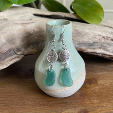 Load image into Gallery viewer, Rare Teal Green Genuine Sea Glass Dangle Earrings