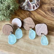 Load image into Gallery viewer, Pretty Wood and Light Aqua Genuine Sea Glass Earrings