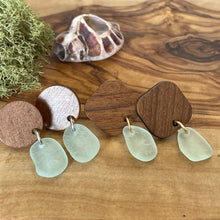 Load image into Gallery viewer, Pretty Wood and Light Aqua Genuine Sea Glass Earrings