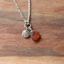 Load image into Gallery viewer, Amber Brown Sea Glass &amp; Mountain Charm Necklace
