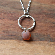Load image into Gallery viewer, Textured Hoop with Amber Brown Sea Glass Necklace

