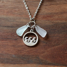 Load image into Gallery viewer, Ocean Wave Charm Necklace with White and Light Blue Sea Glass
