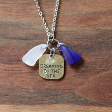 Load image into Gallery viewer, “Dreaming of the Sea” Charm Necklace with White and Cobalt Blue Sea Glass
