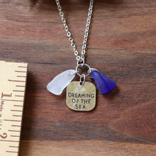 Load image into Gallery viewer, “Dreaming of the Sea” Charm Necklace with White and Cobalt Blue Sea Glass
