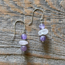 Load image into Gallery viewer, Lavender Sea Glass and Amethyst Stacked Earrings
