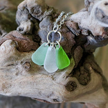 Load image into Gallery viewer, Trio Sea Glass Drop Necklace – Green, White and Aqua
