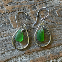 Load image into Gallery viewer, Green Genuine Sea Glass Hoop Earrings
