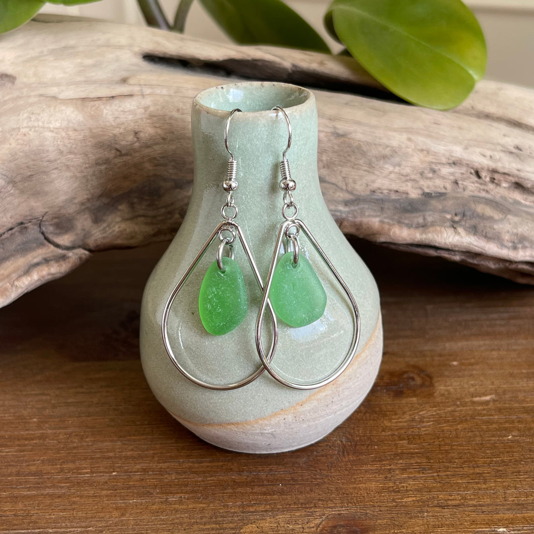 Green Genuine Sea Glass Hoop Earrings