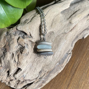 Stacked Natural Beach Stone and Sea Glass Cairn Necklace