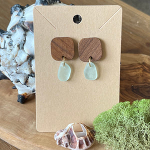 Pretty Wood and Light Aqua  Genuine Sea Glass Earrings