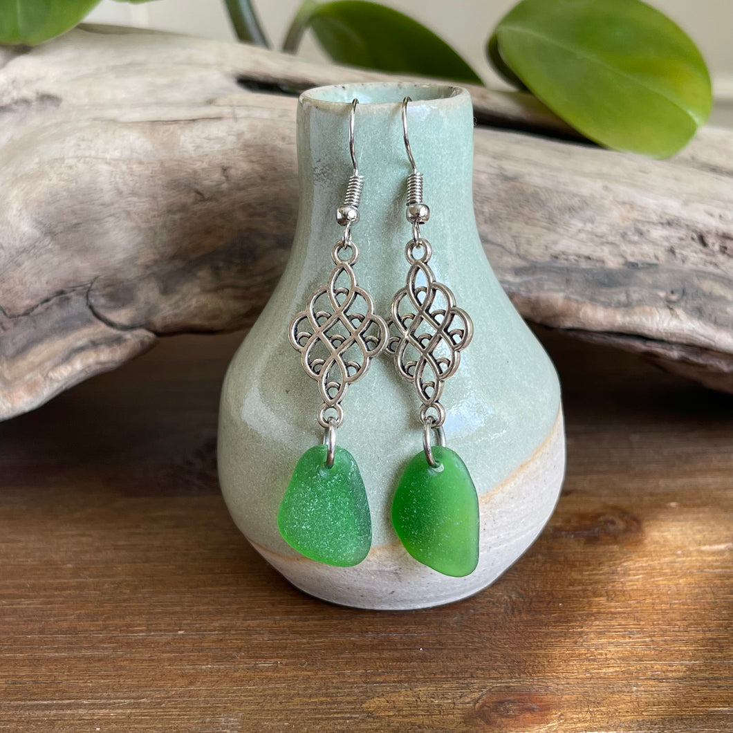 Gorgeous Long Dangle Green Genuine Sea Glass Earrings