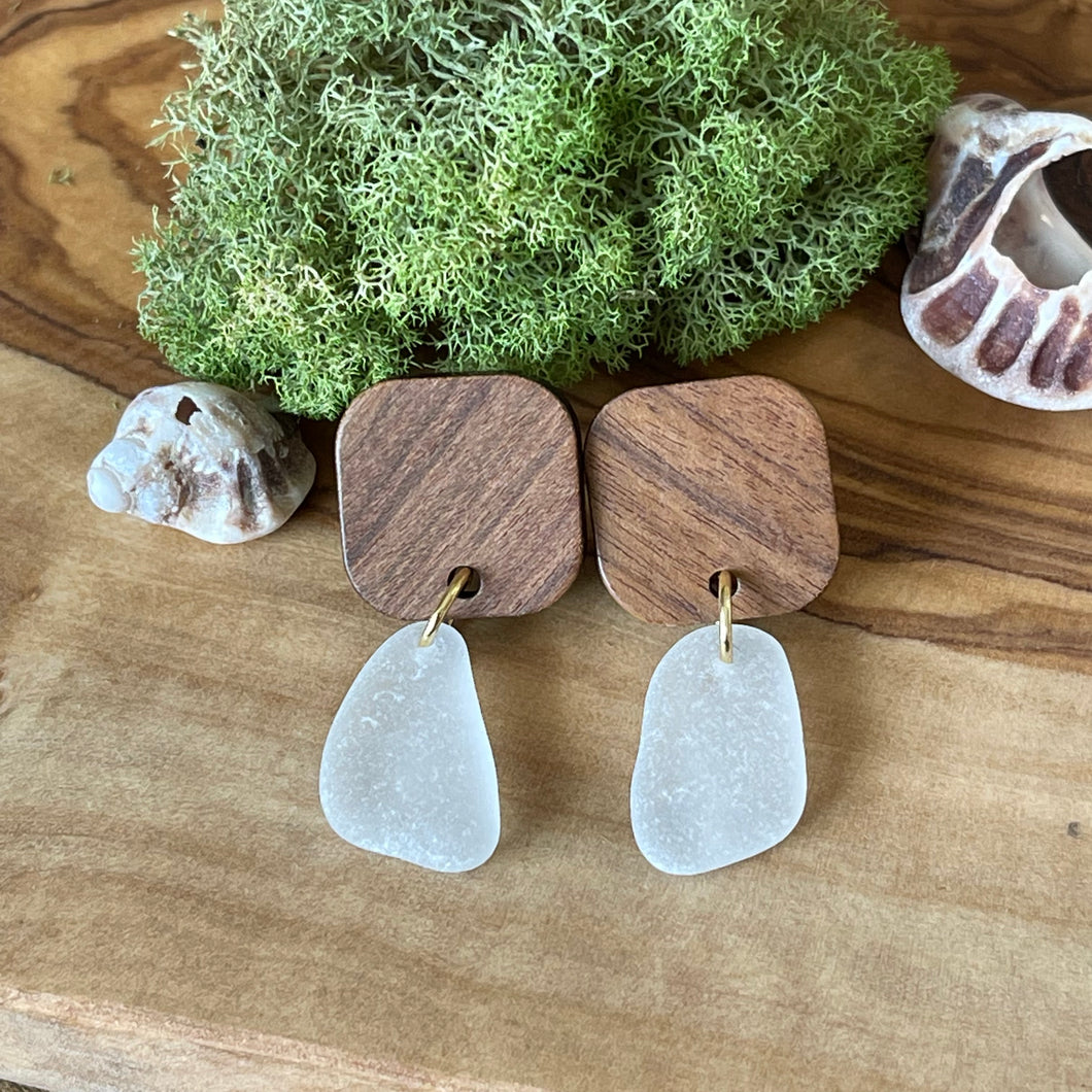 Pretty Walnut Wood and White Genuine Sea Glass Earrings