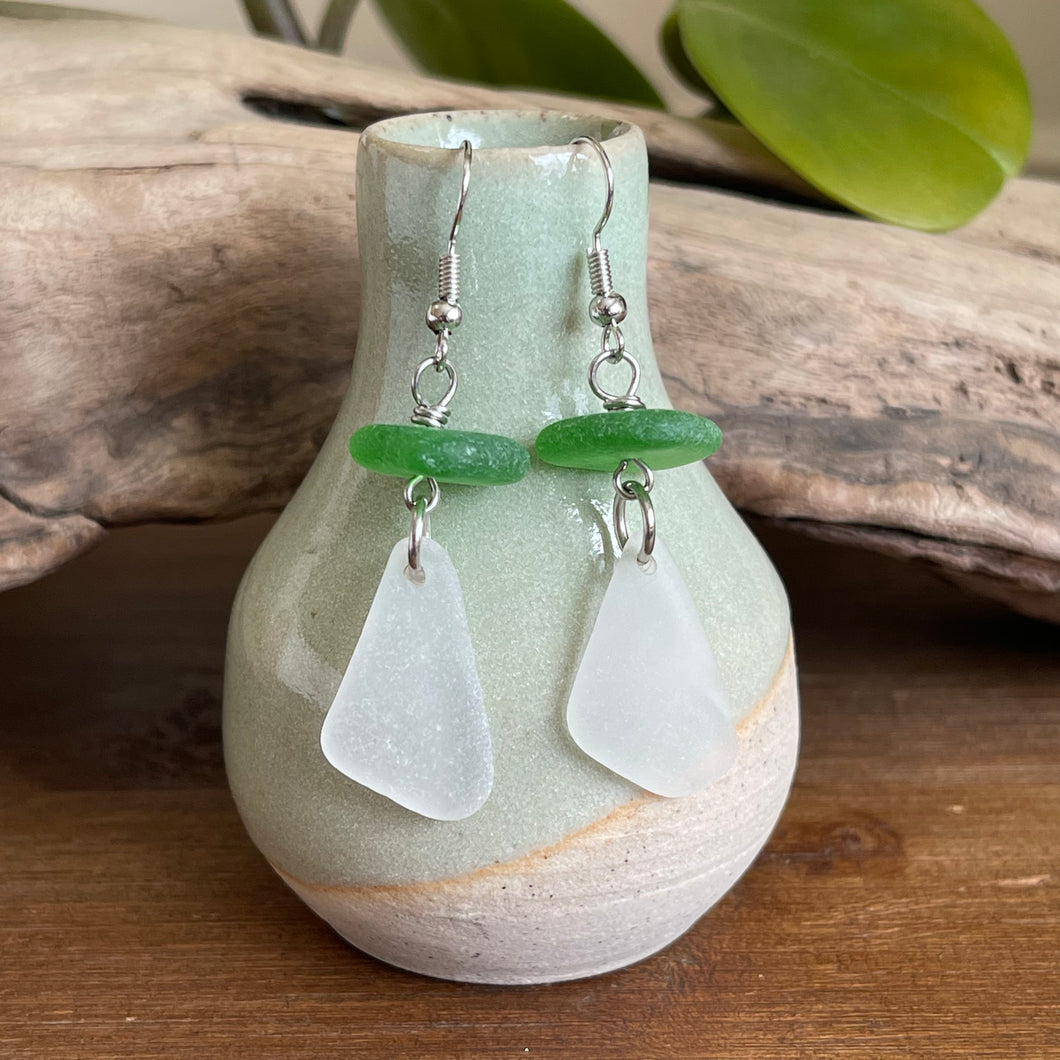 Green and White Genuine Sea Glass Earrings