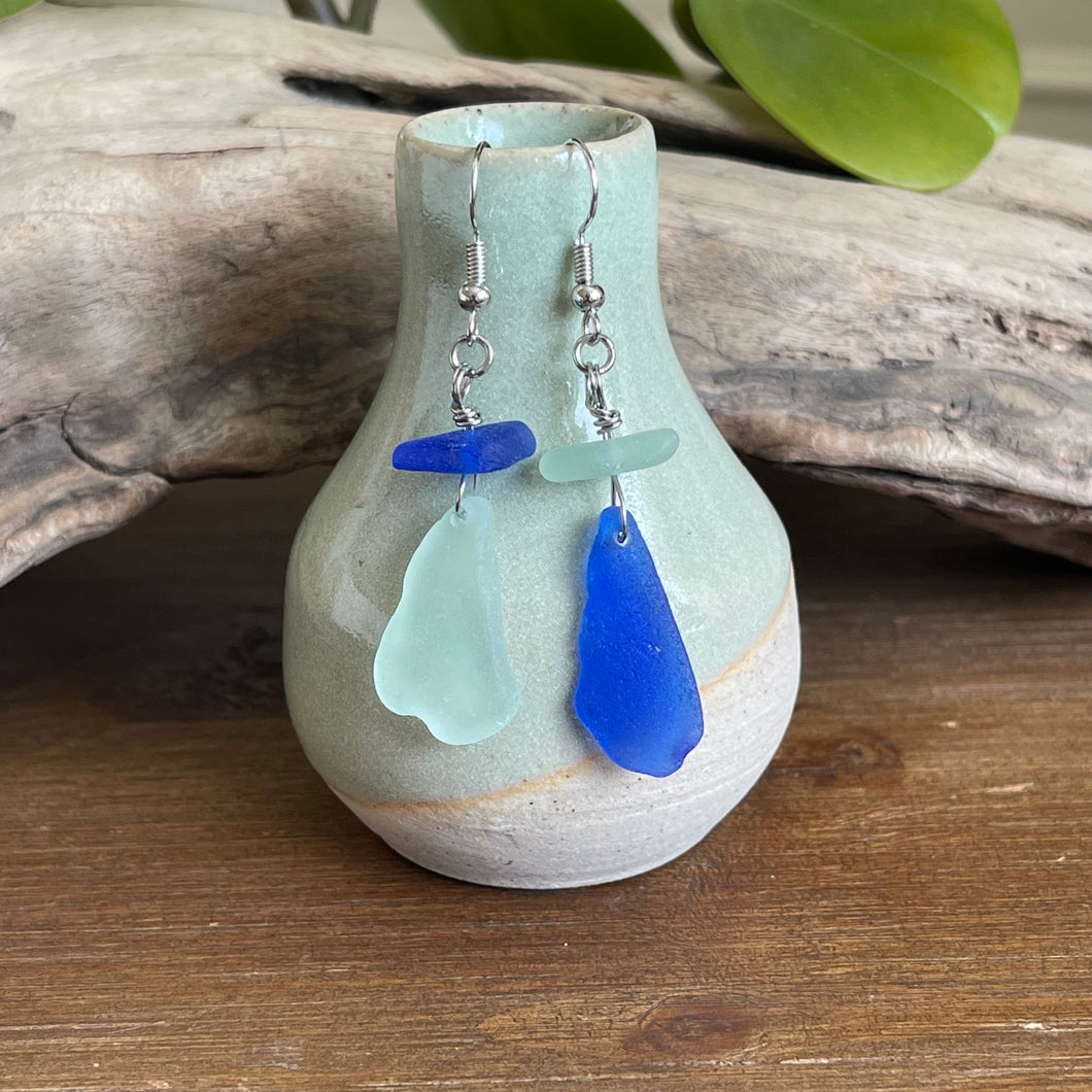 Cobalt Blue and Aqua Blue Genuine Sea Glass Earrings
