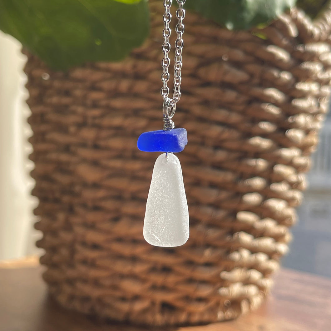 Cobalt Blue and White Genuine Sea Glass Necklace