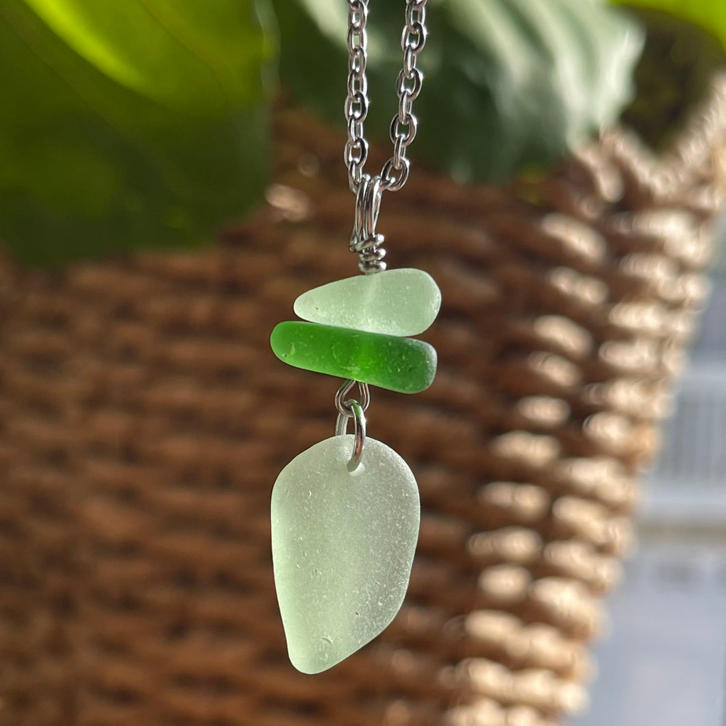 Green And Light Seafoam Green Stacked Genuine Sea Glass Pendant