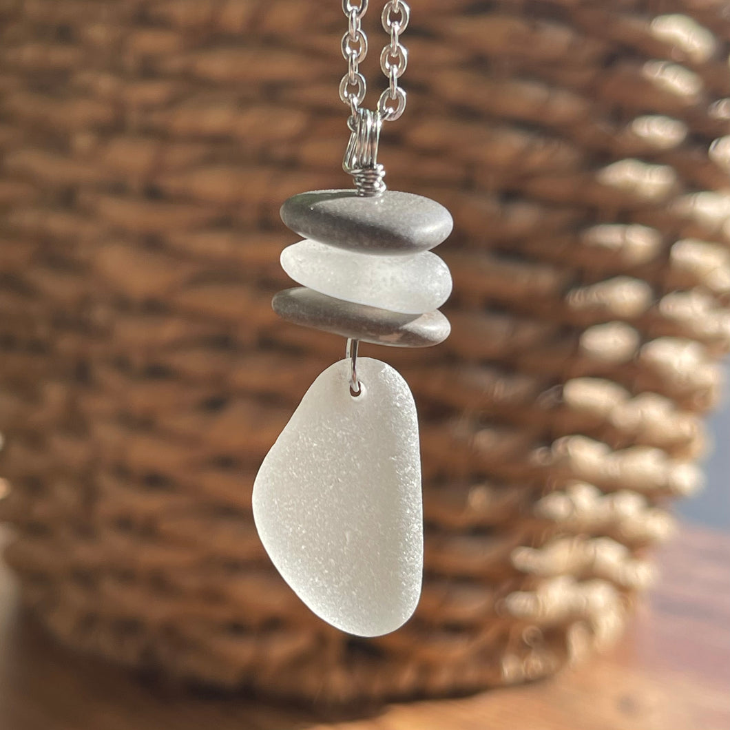 Gorgeous Stacked Beach Stone and Genuine Sea Glass Cairn Pendant Necklace