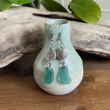 Load image into Gallery viewer, Rare Teal Green Genuine Sea Glass Dangle Earrings
