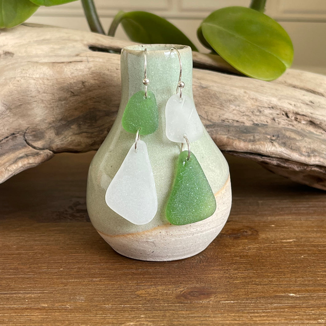 Emerald Green and White Genuine Sea Glass Earrings