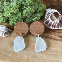 Load image into Gallery viewer, Pretty Walnut Wood and White Genuine Sea Glass Earrings
