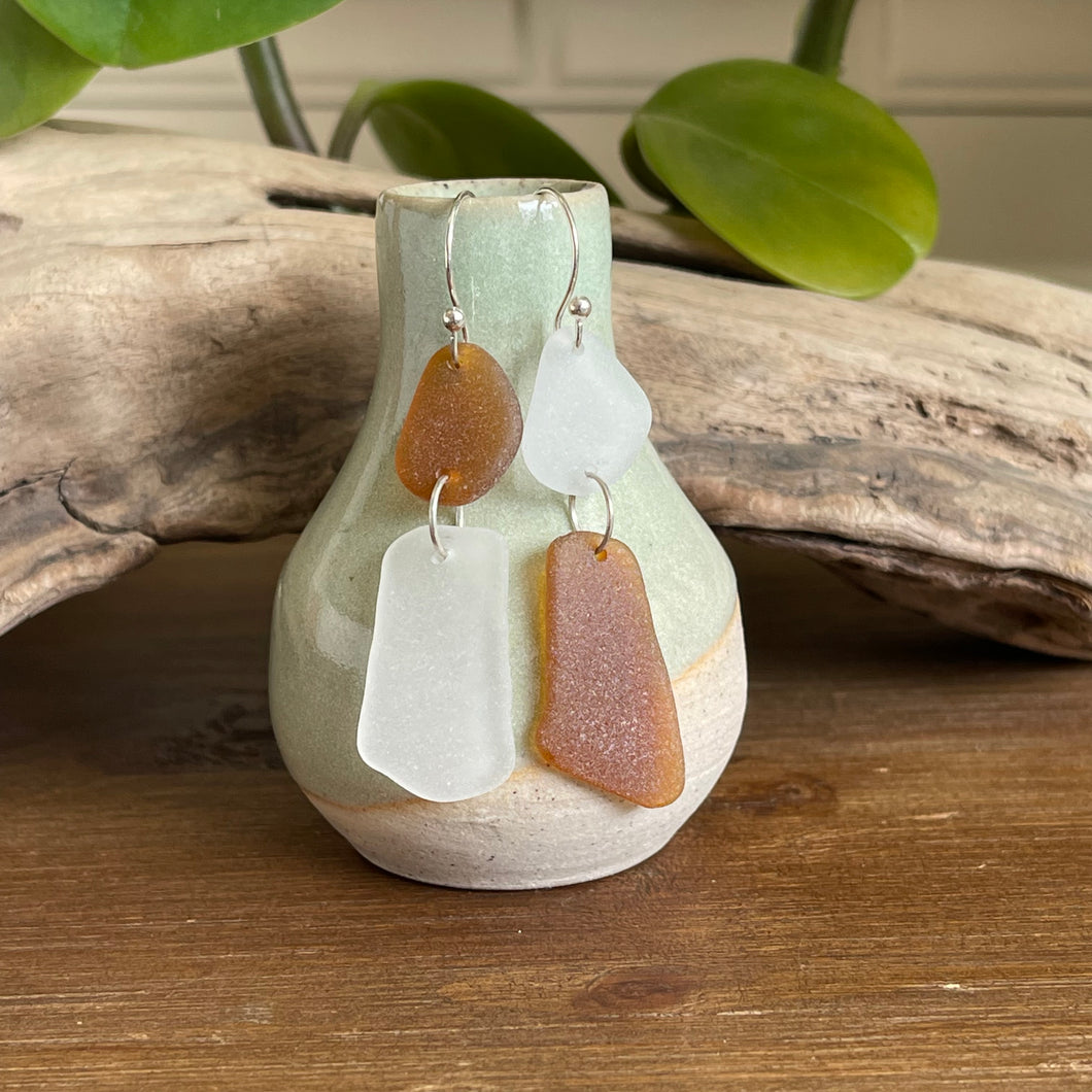 Brown and White Mismatched Genuine Sea Glass Earrings