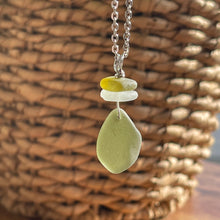 Load image into Gallery viewer, Citron Green and White Stacked Genuine Sea Glass Necklace
