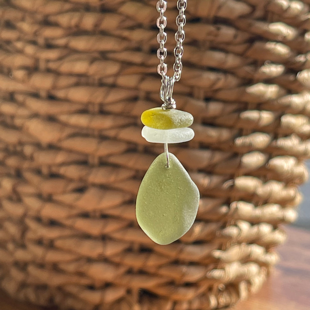 Citron Green and White Stacked Genuine Sea Glass Necklace