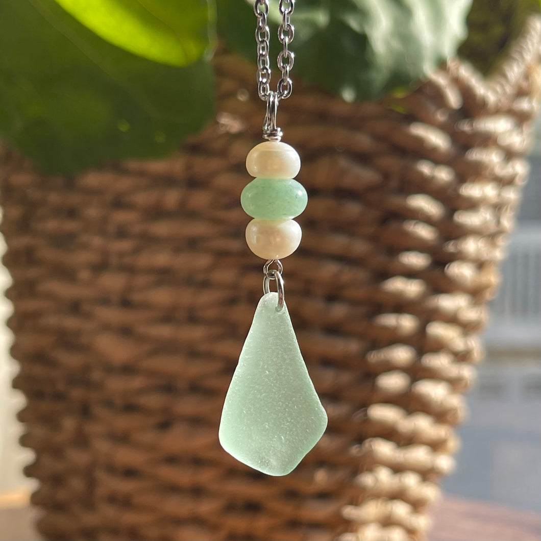 Pretty Cultured Pearl, Green Aventurine and Seafoam Genuine Sea Glass Pendant Necklace