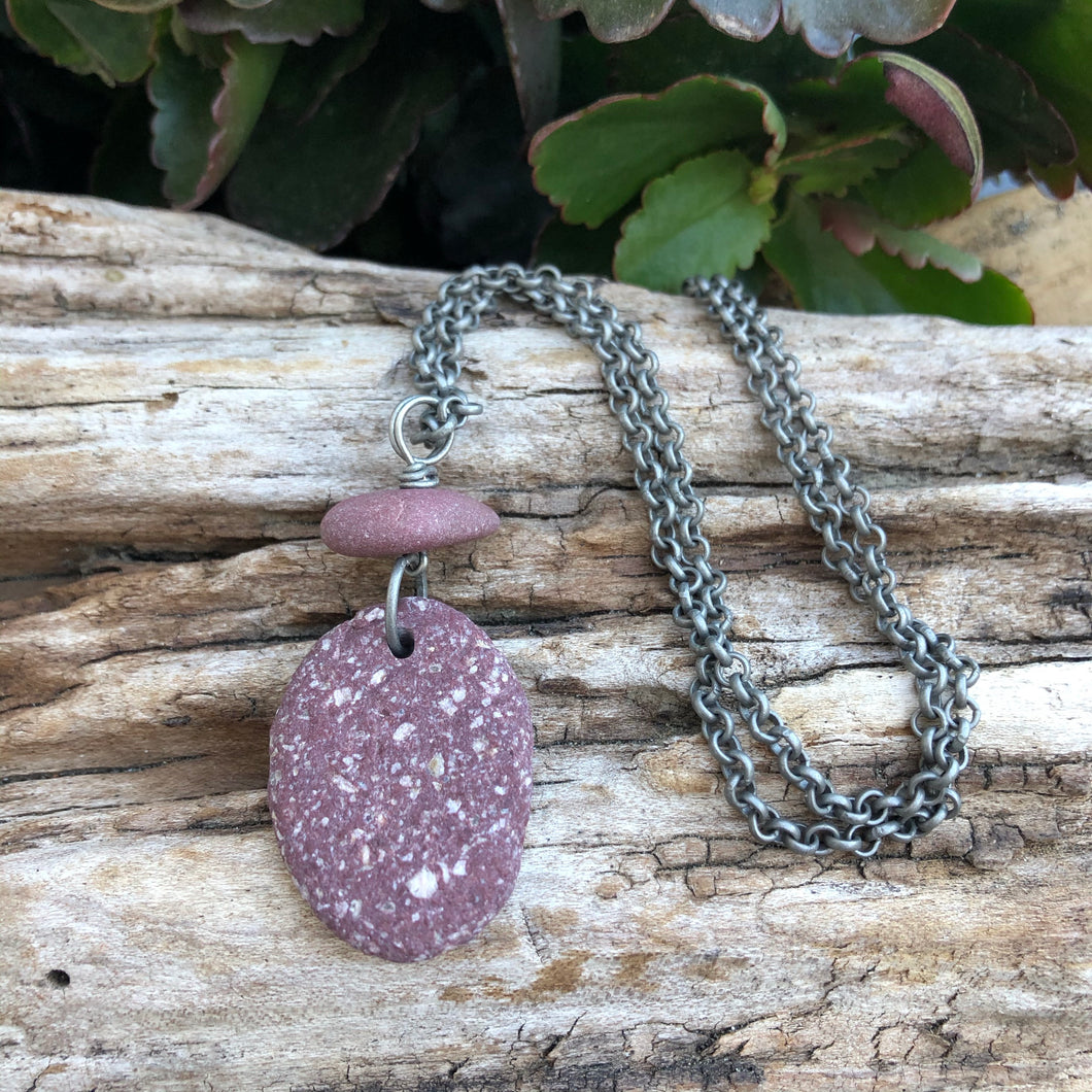 Gorgeous Rare Wine Colored Natural Beach Stone Long Necklace