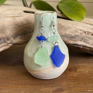 Cobalt Blue and Sea Foam Green Genuine Sea Glass Earrings
