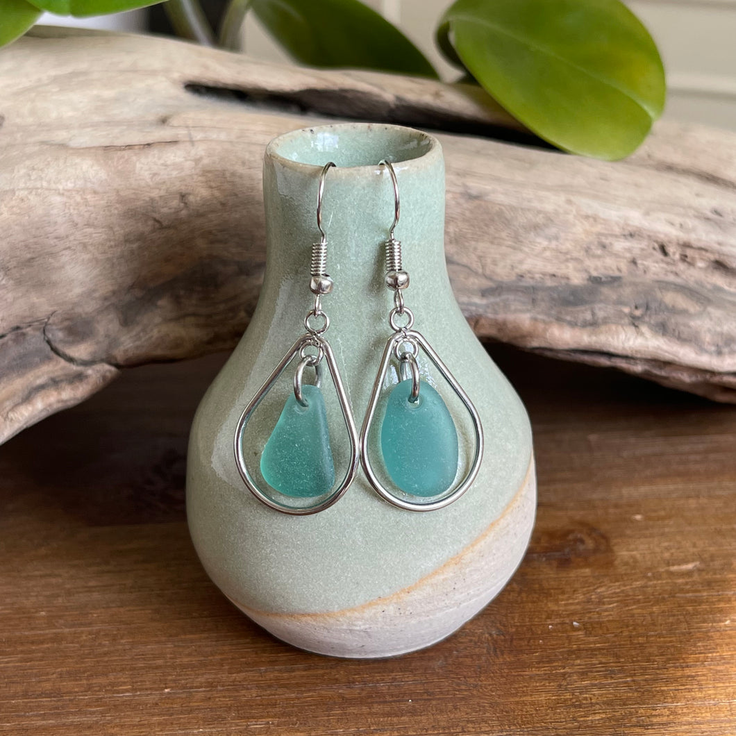 Rare Turquoise Genuine Sea Glass Hoop Earrings