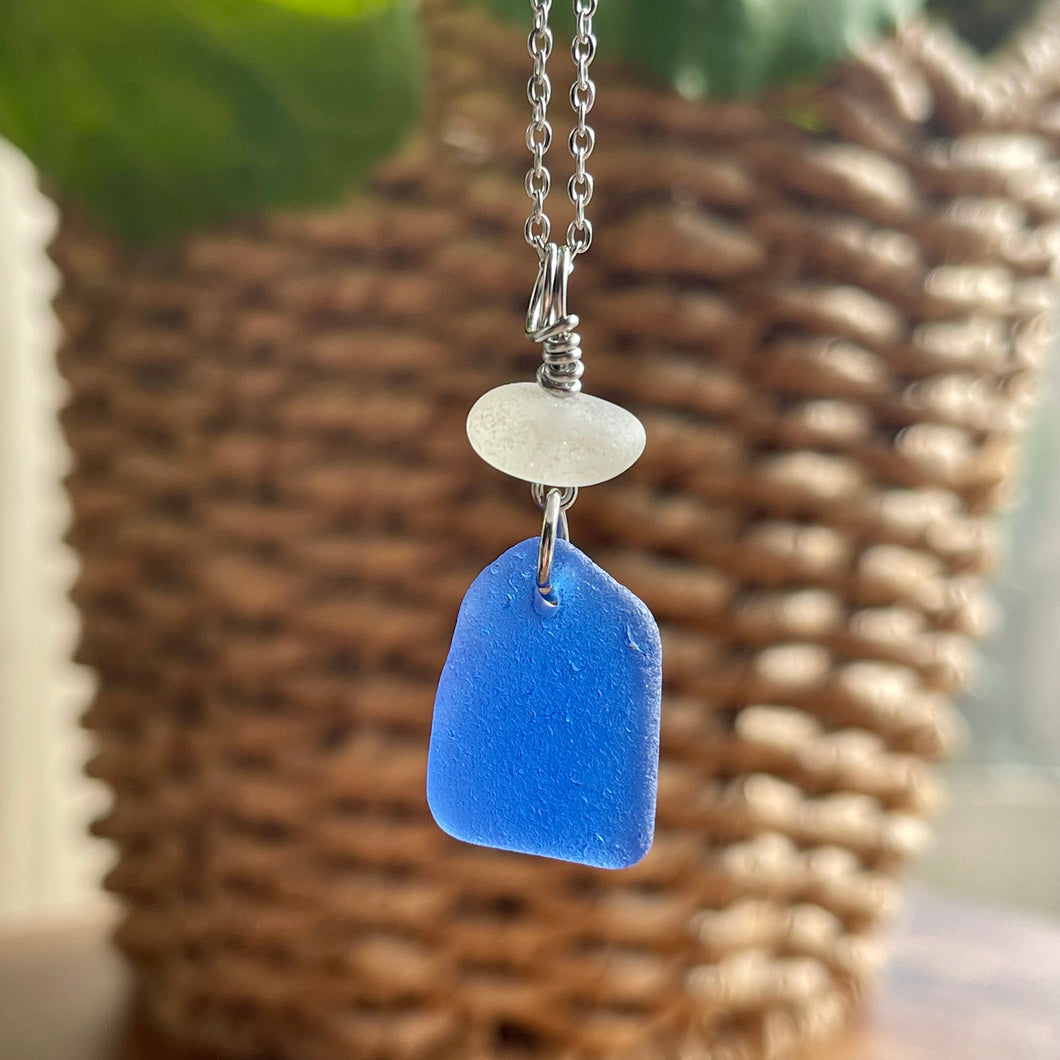 Rare Cobalt Blue and White Genuine Sea Glass Pendant
