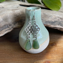 Load image into Gallery viewer, Gorgeous Long Dangle Forest Green Genuine Sea Glass Earrings

