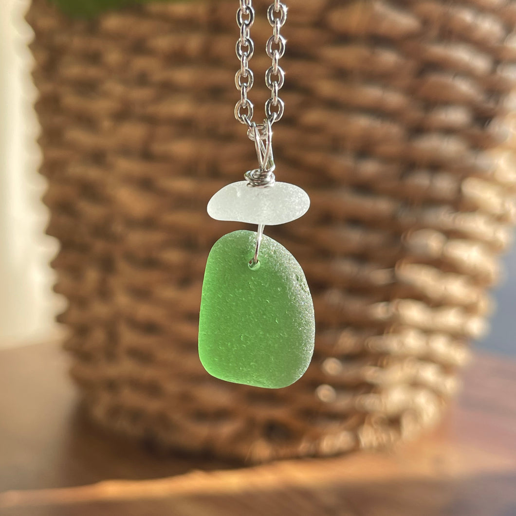 Forest Green And White Stacked Genuine Sea Glass Pendant