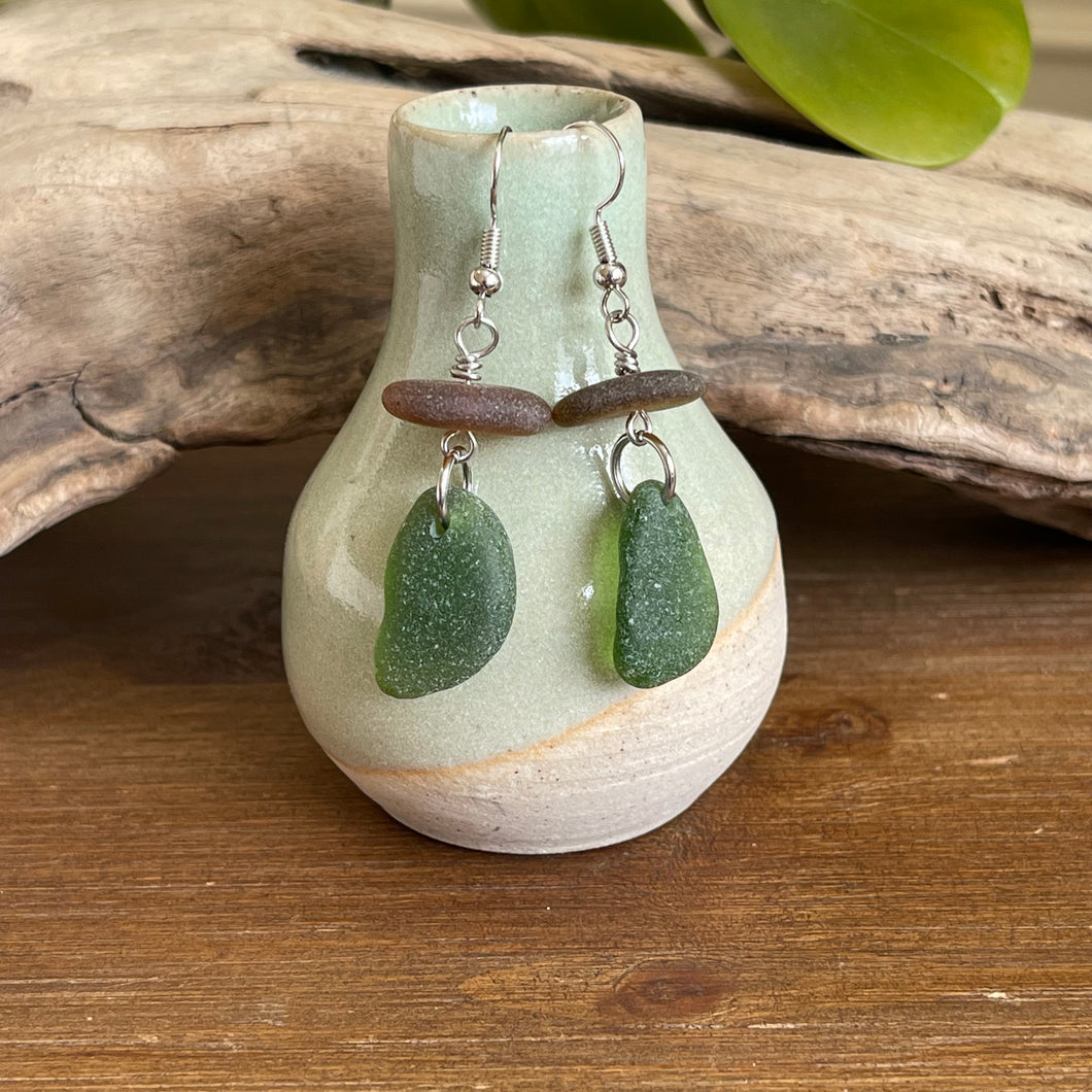 Olive Green and Brown Genuine Sea Glass Earrings
