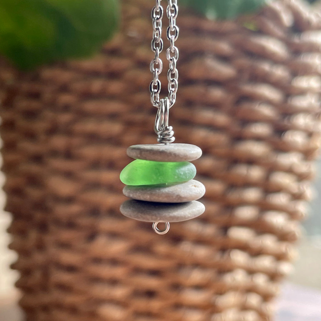 Stacked Natural Beach Stone and Sea Glass Cairn Necklace
