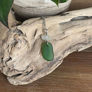 Forest Green And White Stacked Genuine Sea Glass Pendant